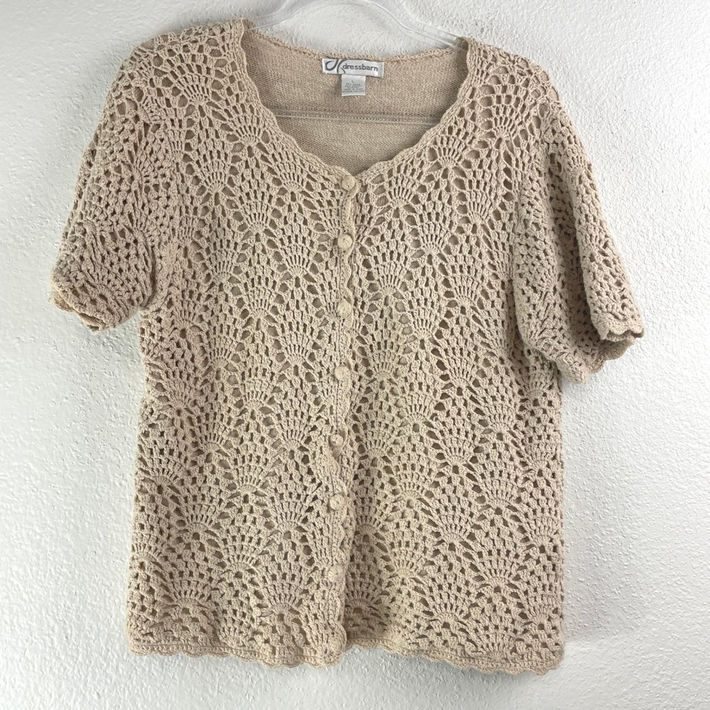 dressbarn Crochet Short Sleeve Cardigan in Beige